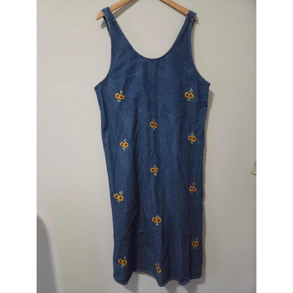 Vintage Denim Du Jour Sunflower Embroidered Denim Jumper Dress Blue 2X Cotton